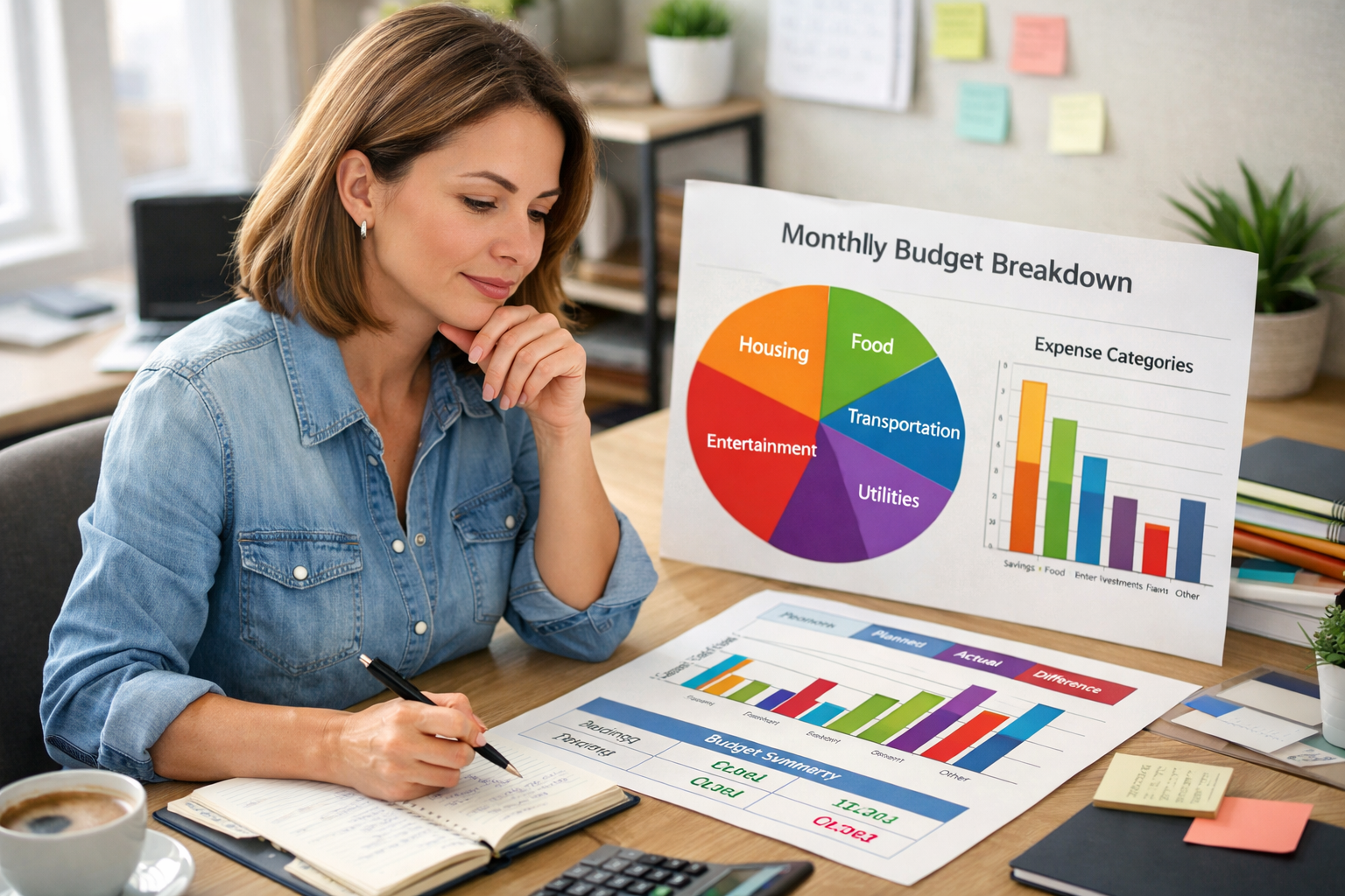 Grafische Darstellung verschiedener Budget-Kategorien wie Ausgaben, Sparen und Planung