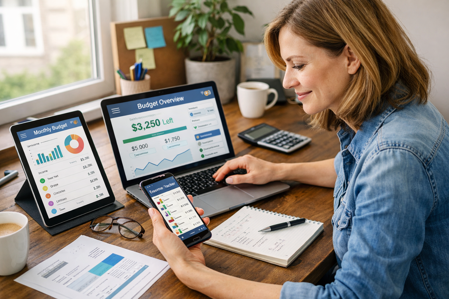 Verschiedene digitale Tools und Apps für Budgetplanung auf verschiedenen Geräten